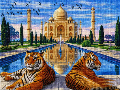 Finished Tiger and Taj Mahal diamond painting kit artwork with two tigers resting before the Taj Mahal and reflecting pool | Azurra Shop
