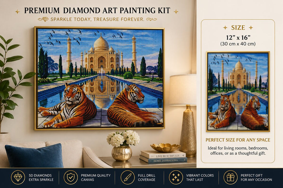 Tiger and Taj Mahal diamond painting kit framed artwork displayed on a wall | Azurra Shop