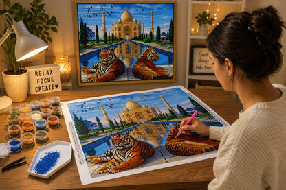 Working on the Tiger and Taj Mahal diamond painting kit at a cozy desk | Azurra Shop