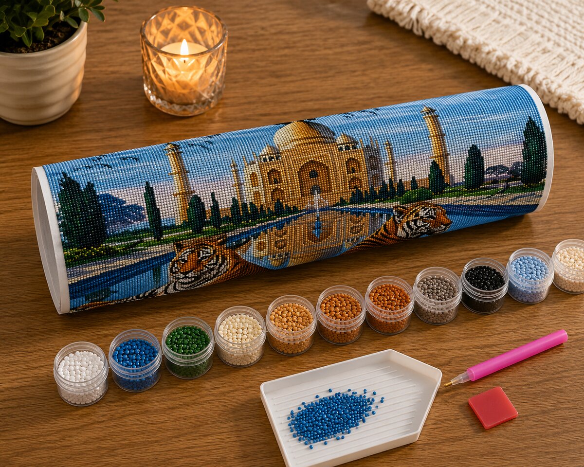 Rolled canvas and full supplies for the Tiger and Taj Mahal kit, including diamond packets, applicator pen, and tray | Azurra Shop