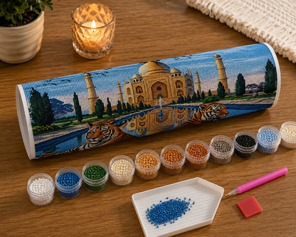 Rolled canvas and full supplies for the Tiger and Taj Mahal kit, including diamond packets, applicator pen, and tray | Azurra Shop