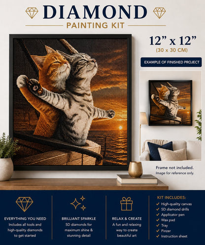 Framed Titanic kittens diamond painting displayed with kit contents | Azurra Shop