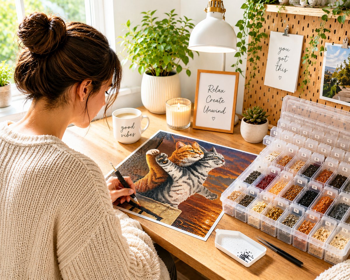 Working on the Titanic kittens kit at a cozy craft desk with sorted drills and applicator pen | Azurra Shop