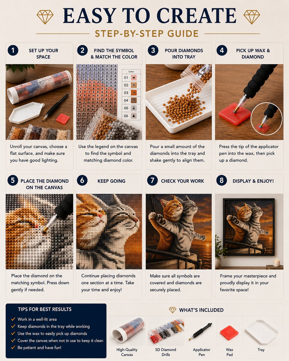 Eight step guide showing how to complete the Titanic kittens diamond painting | Azurra Shop