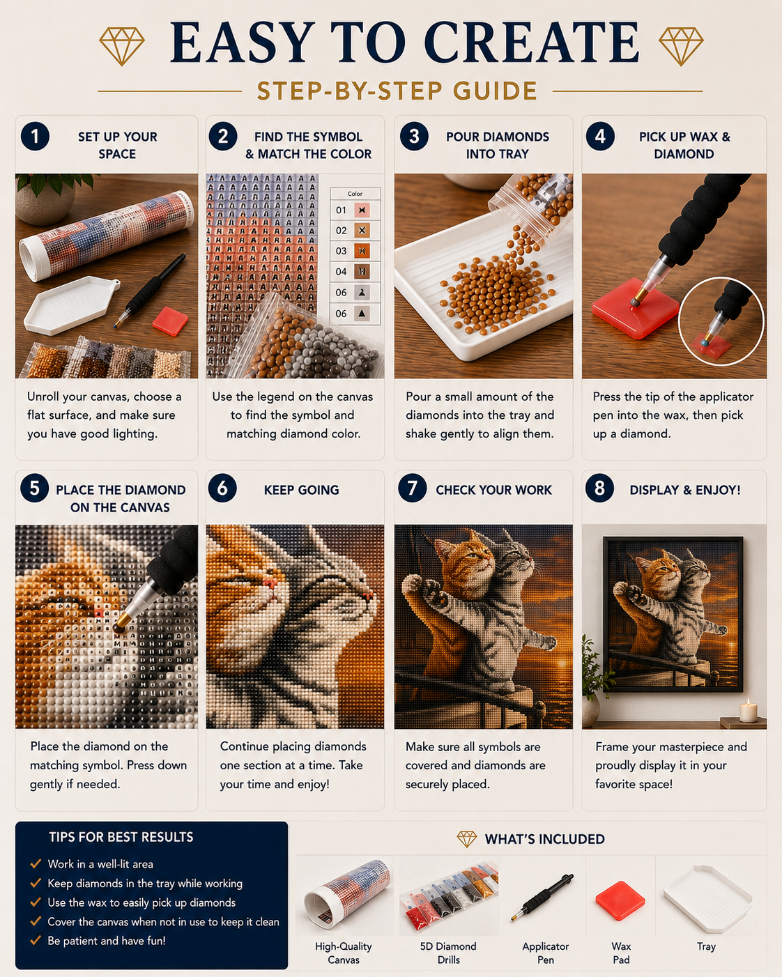 Titanic kittens diamond painting kit easy step-by-step guide – 8 illustrated steps showing how to set up, place diamonds and display finished cat artwork — Azurra Shop
