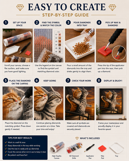 Titanic kittens diamond painting kit easy step-by-step guide – 8 illustrated steps showing how to set up, place diamonds and display finished cat artwork — Azurra Shop
