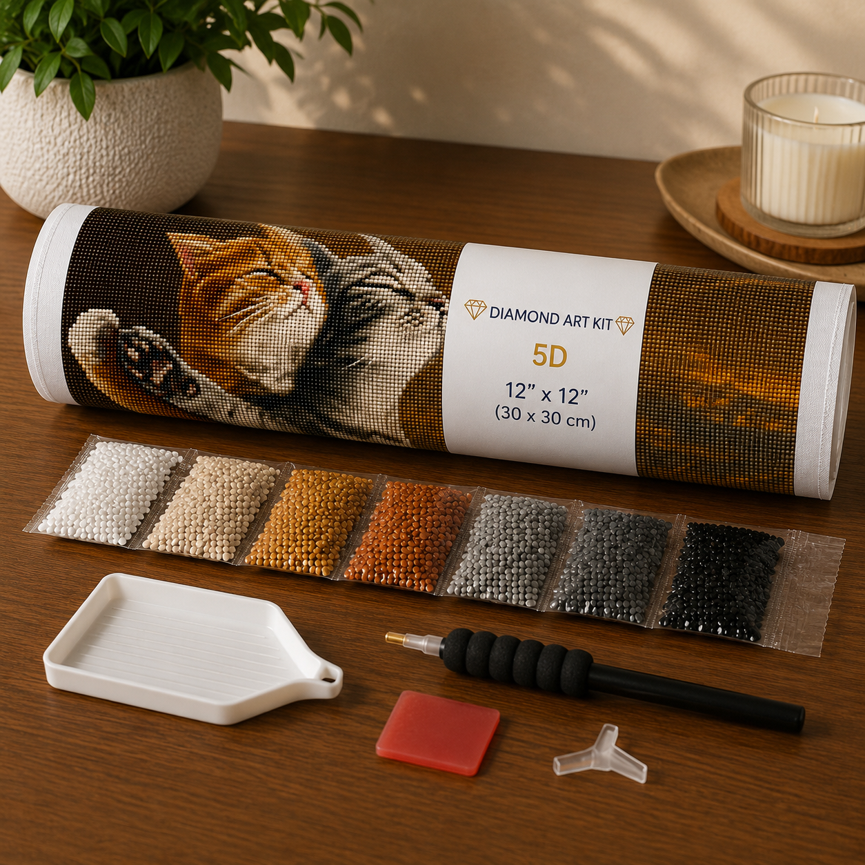 Titanic kittens diamond painting kit supplies – rolled canvas, sorted diamond drills, applicator pen, wax pad, tray and pinzer laid out on wooden surface — Azurra Shop
