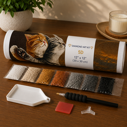 Titanic kittens diamond painting kit supplies – rolled canvas, sorted diamond drills, applicator pen, wax pad, tray and pinzer laid out on wooden surface — Azurra Shop
