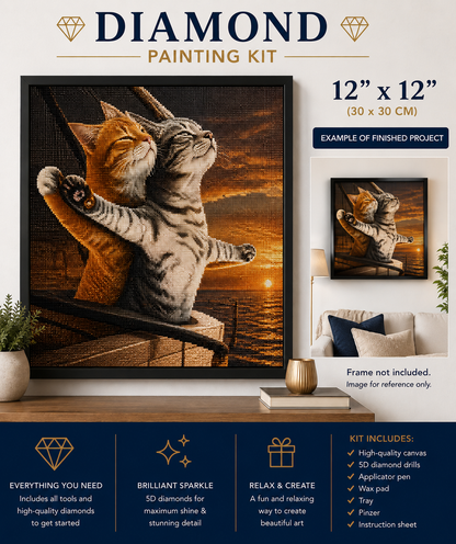 Titanic kittens diamond painting kit – orange and grey tabby cats in iconic Titanic pose at sunset, 12" x 12" full drill 5D DIY art, kit includes canvas, diamonds, applicator pen, wax pad and tray — Azurra Shop
