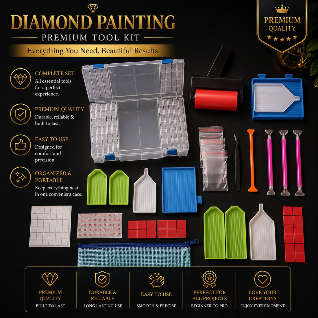 Diamond painting tool set with brushes, including storage case, roller, trays, pens, and drill sheets