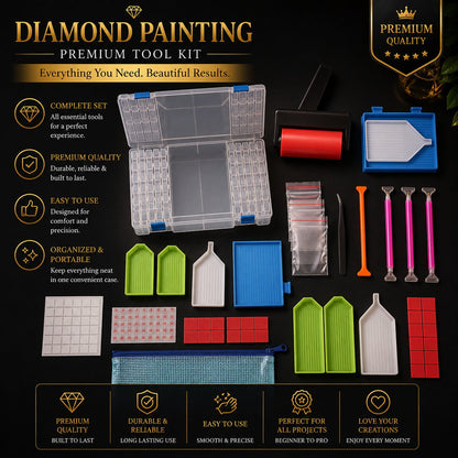 Diamond painting tool set with brushes, including storage case, roller, trays, pens, and drill sheets