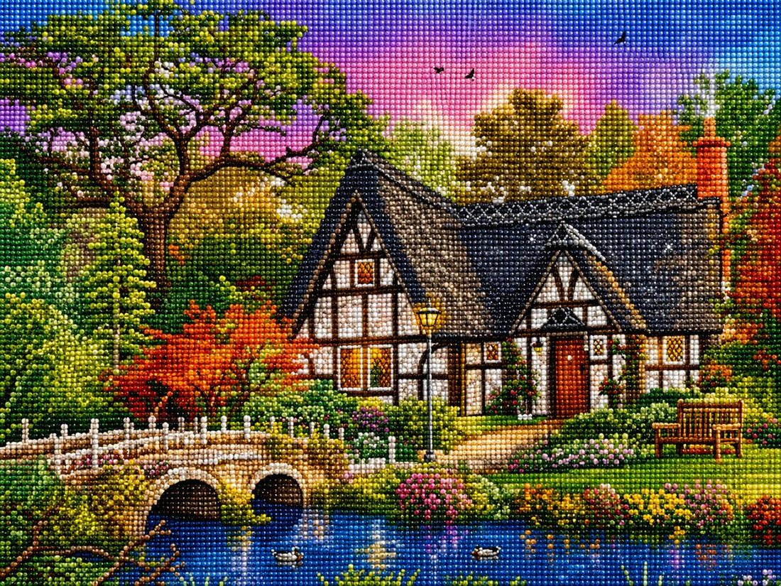 Close up of the finished Tudor cottage at autumn sunset diamond painting | Azurra Shop