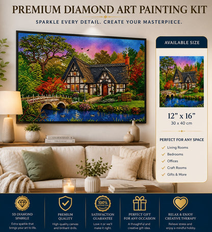 Framed Tudor cottage diamond painting displayed above a cream sofa in a warm living room | Azurra Shop