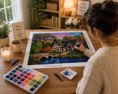 Working on the Tudor cottage kit at a warm wooden desk with drills, a candle, and a floral mug | Azurra Shop