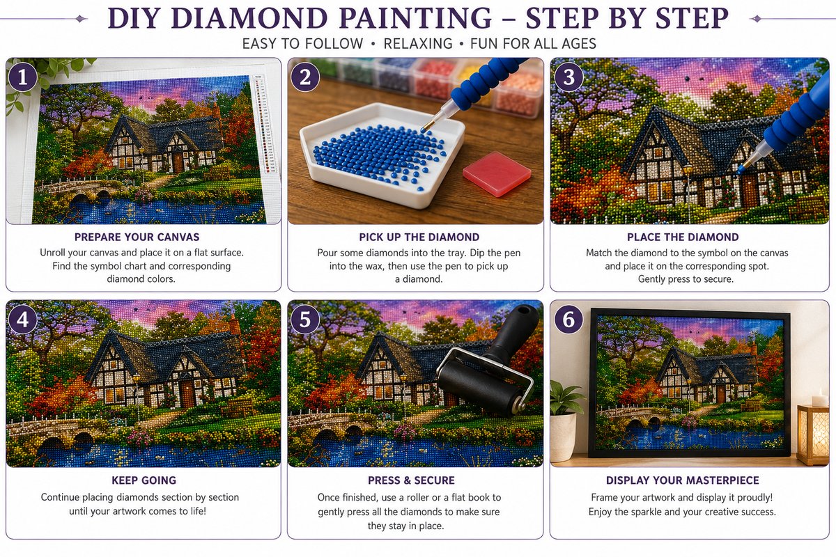 Six step guide showing how to complete the Tudor cottage diamond painting | Azurra Shop