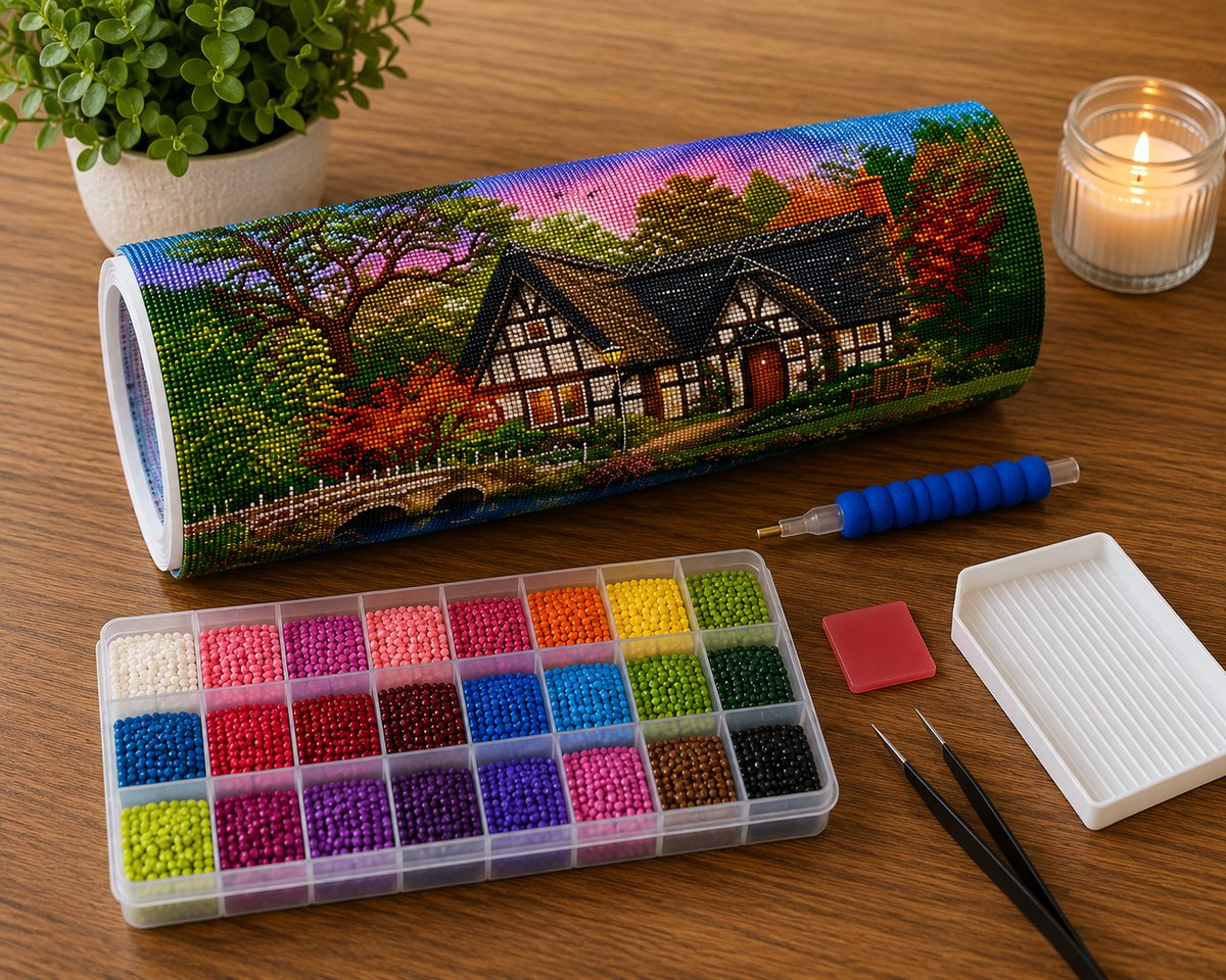 Rolled canvas and supplies for the Tudor cottage kit, including drill organizer, applicator pen, tweezers, and wax pad | Azurra Shop