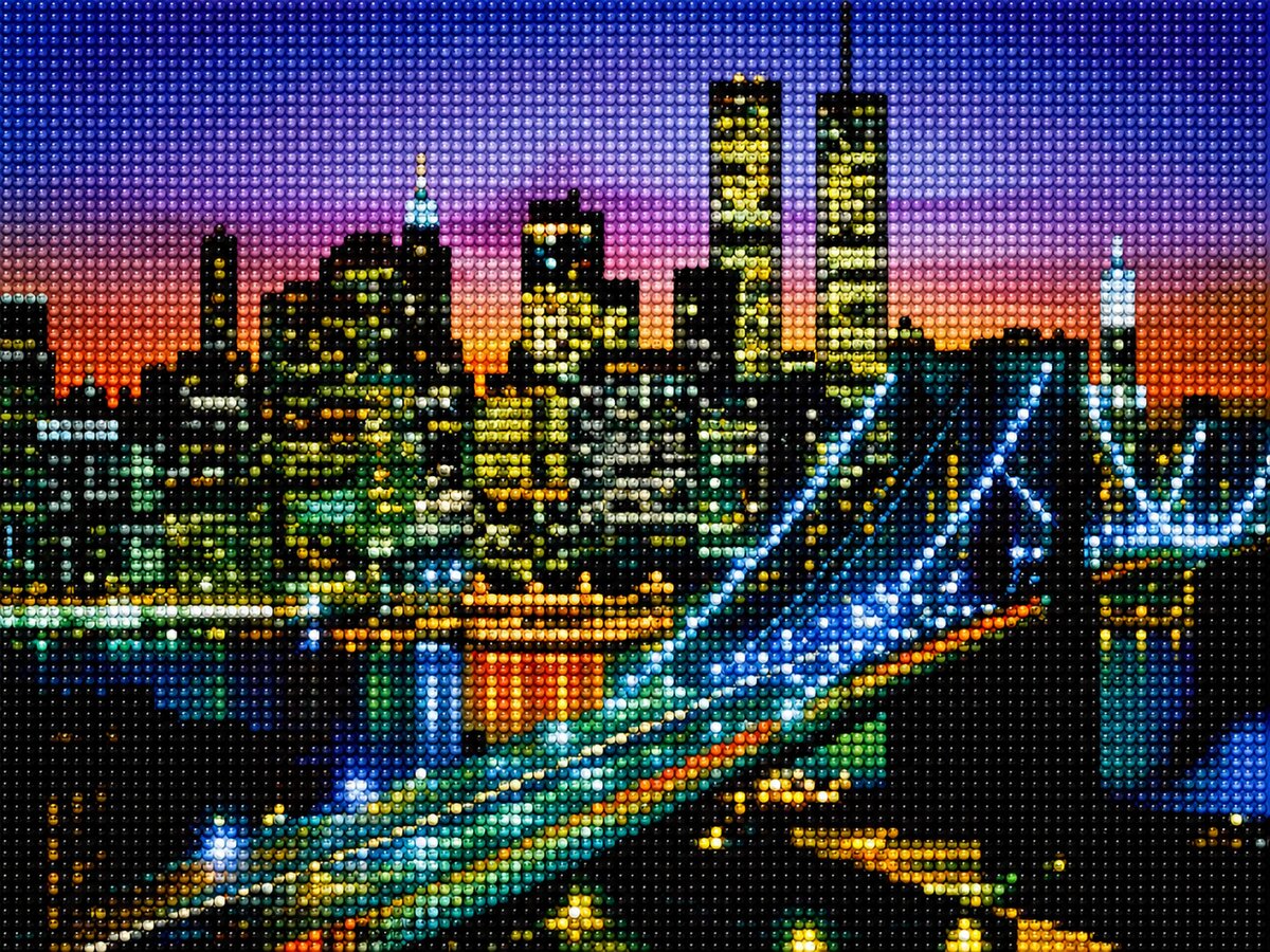 Finished New York Twin Towers night skyline diamond painting kit artwork with a glowing bridge and colorful sunset sky | Azurra Shop