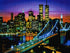 Finished New York Twin Towers night skyline diamond painting kit artwork with a glowing bridge and colorful sunset sky | Azurra Shop