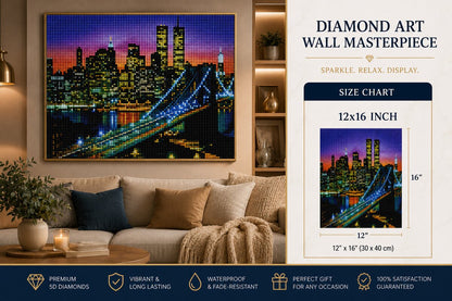 New York Twin Towers night skyline diamond painting kit framed artwork displayed on a wall | Azurra Shop