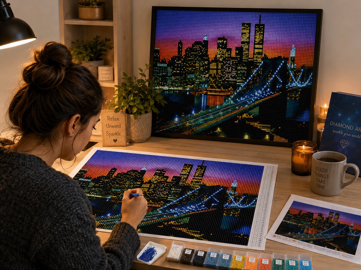 Working on the New York Twin Towers diamond painting kit at a cozy desk | Azurra Shop
