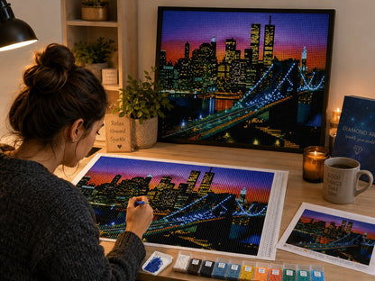 Working on the New York Twin Towers diamond painting kit at a cozy desk | Azurra Shop