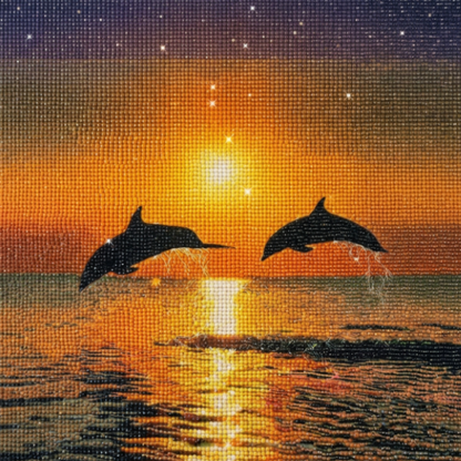 Two dolphins leaping at golden sunset diamond painting kit – silhouetted dolphins jumping over glowing ocean at dusk, warm amber and orange tones, full drill 5D DIY diamond art — Azurra Shop