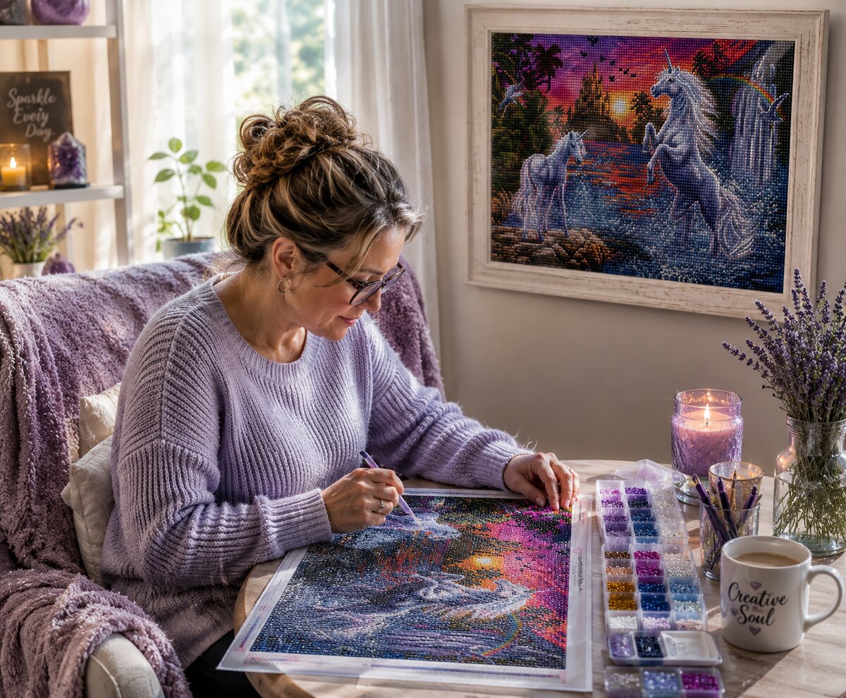 Woman placing diamonds on the unicorns by the waterfall canvas near a framed finished piece on the wall | Azurra Shop