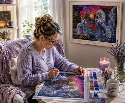 Woman placing diamonds on the unicorns by the waterfall canvas near a framed finished piece on the wall | Azurra Shop