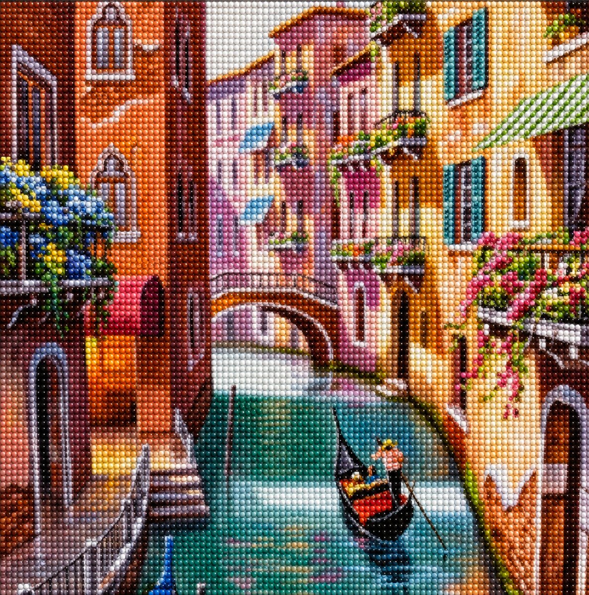 Finished Venice canal diamond painting kit artwork with a gondola, colorful buildings, and flower boxes | Azurra Shop
