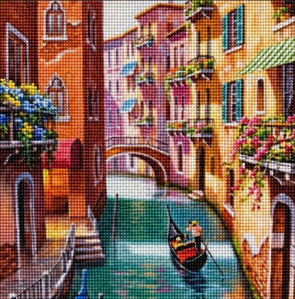 Finished Venice canal diamond painting kit artwork with a gondola, colorful buildings, and flower boxes | Azurra Shop