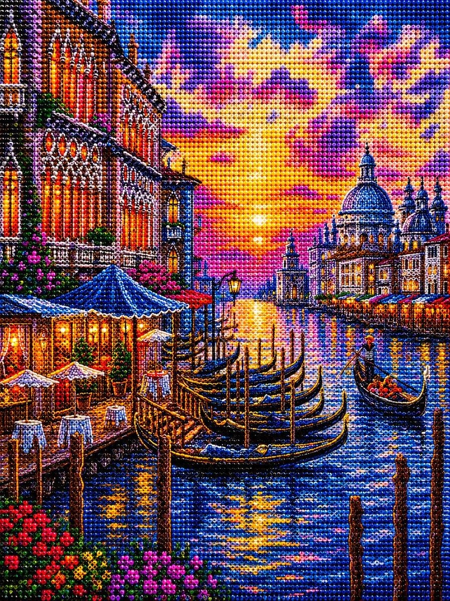 Finished Venice Gondola diamond painting kit artwork with gondolas on a canal at sunset and a domed church in the background | Azurra Shop