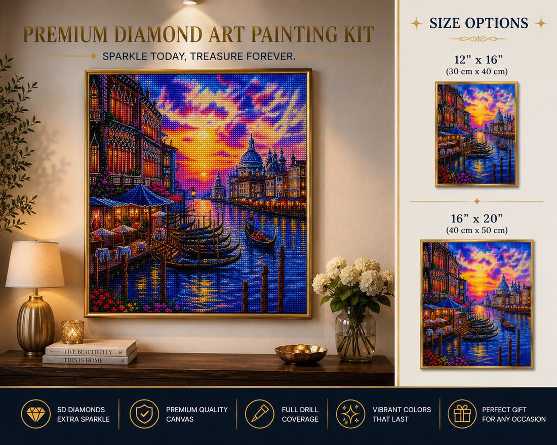 Venice Gondola diamond painting kit framed artwork displayed on a wall | Azurra Shop