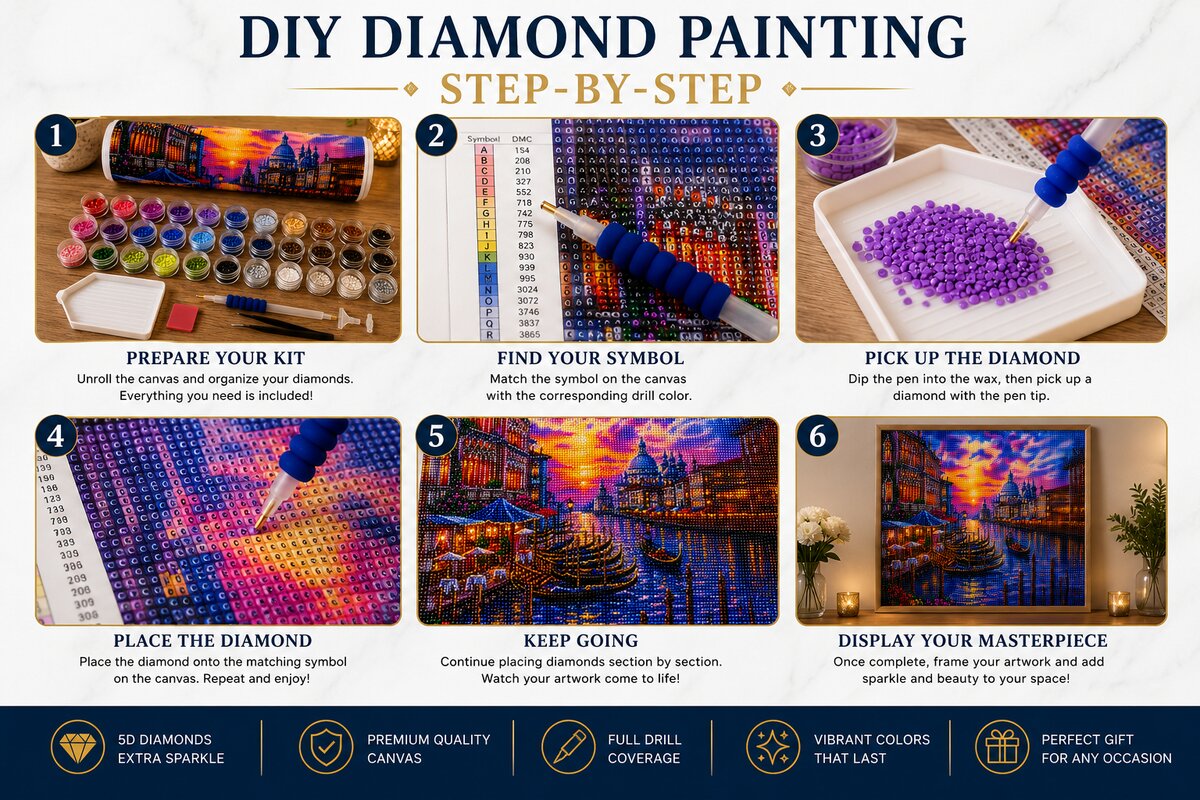 Step by step guide showing how to complete the Venice Gondola diamond painting kit | Azurra Shop