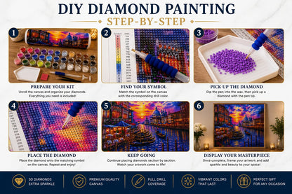 Step by step guide showing how to complete the Venice Gondola diamond painting kit | Azurra Shop