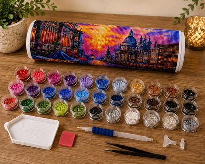 Rolled canvas and full supplies for the Venice Gondola kit, including diamond packets, applicator pen, and tray | Azurra Shop