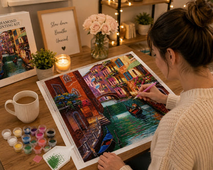 Working on the Venice diamond painting kit at a cozy desk | Azurra Shop