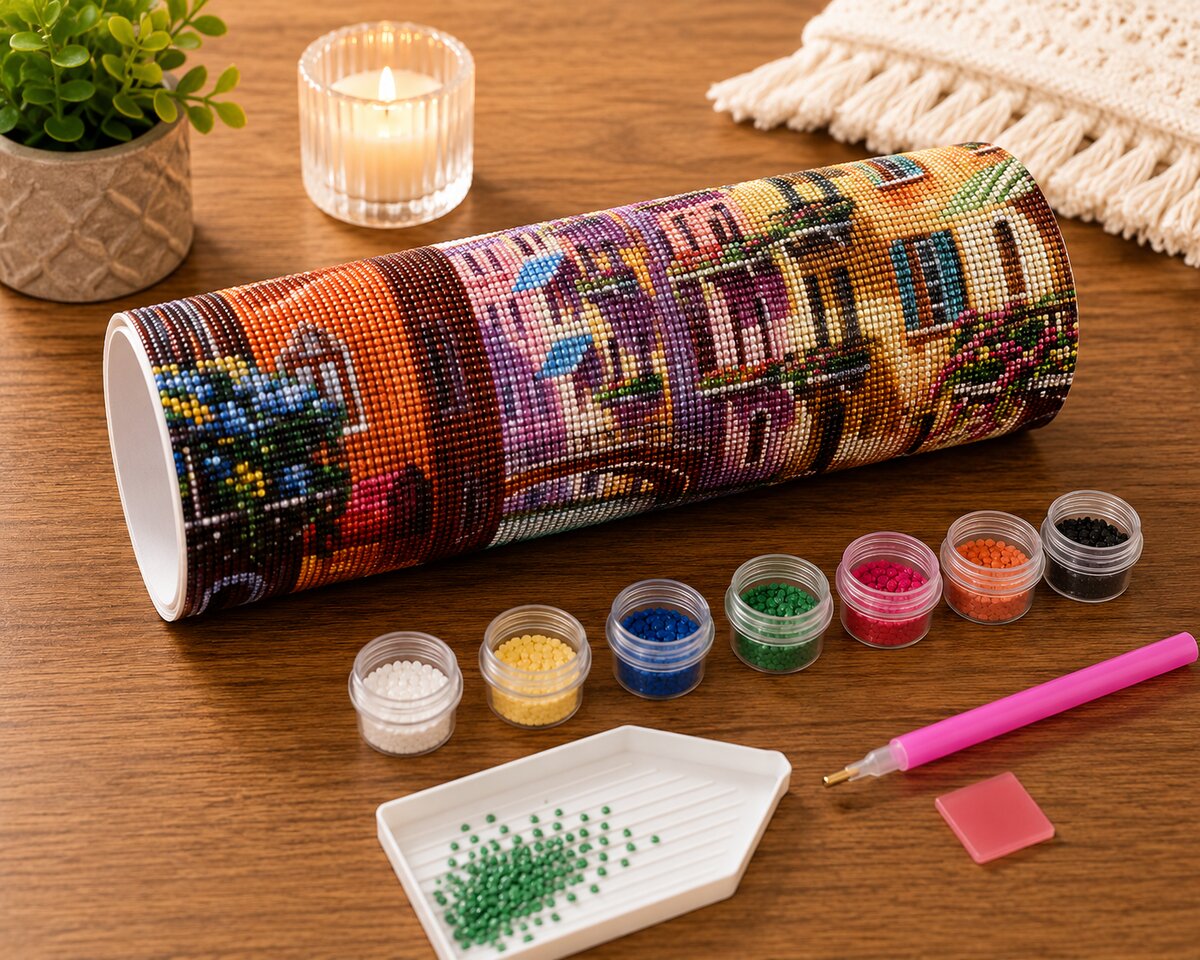 Rolled canvas and full supplies for the Venice kit, including diamond packets, applicator pen, and tray | Azurra Shop