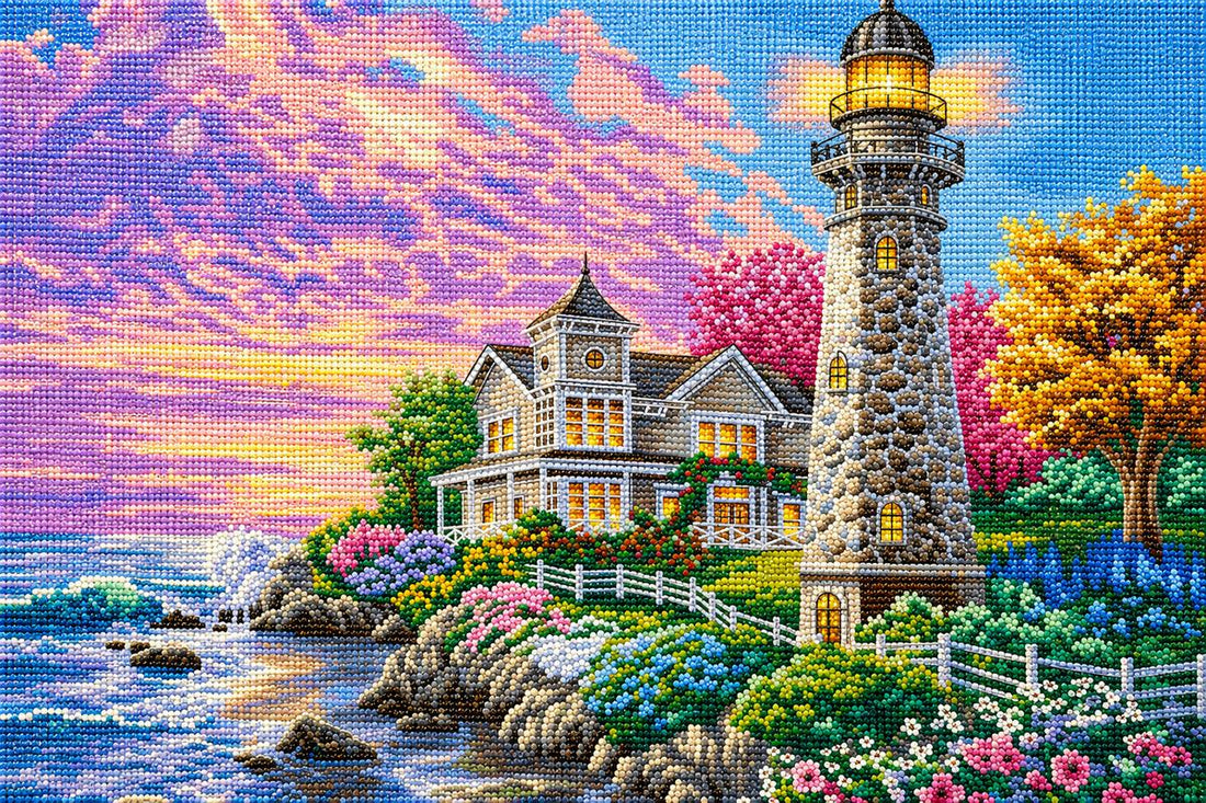 Close up of the finished Victorian lighthouse and keeper cottage diamond painting | Azurra Shop