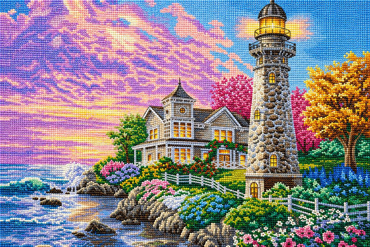 Close up of the finished Victorian lighthouse and keeper cottage diamond painting | Azurra Shop