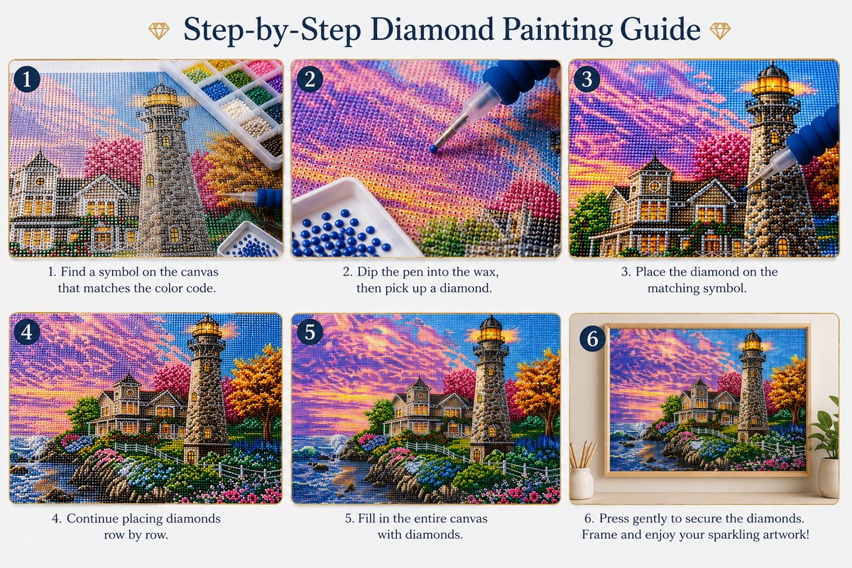 Six step guide showing how to complete the Victorian lighthouse diamond painting | Azurra Shop
