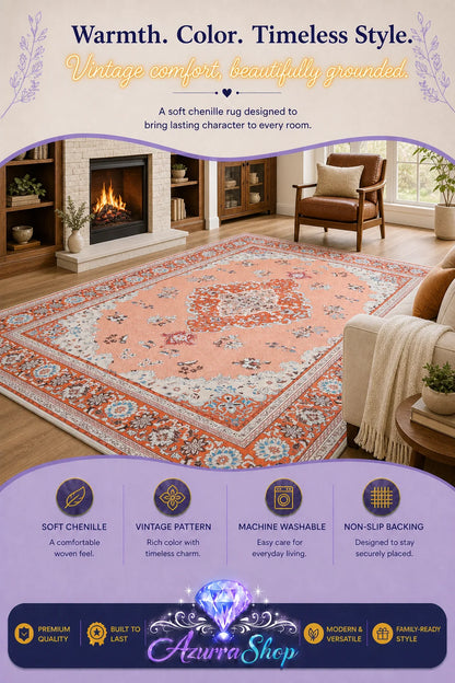 Coral and beige chenille area rug in a living room with a stone fireplace and armchair.