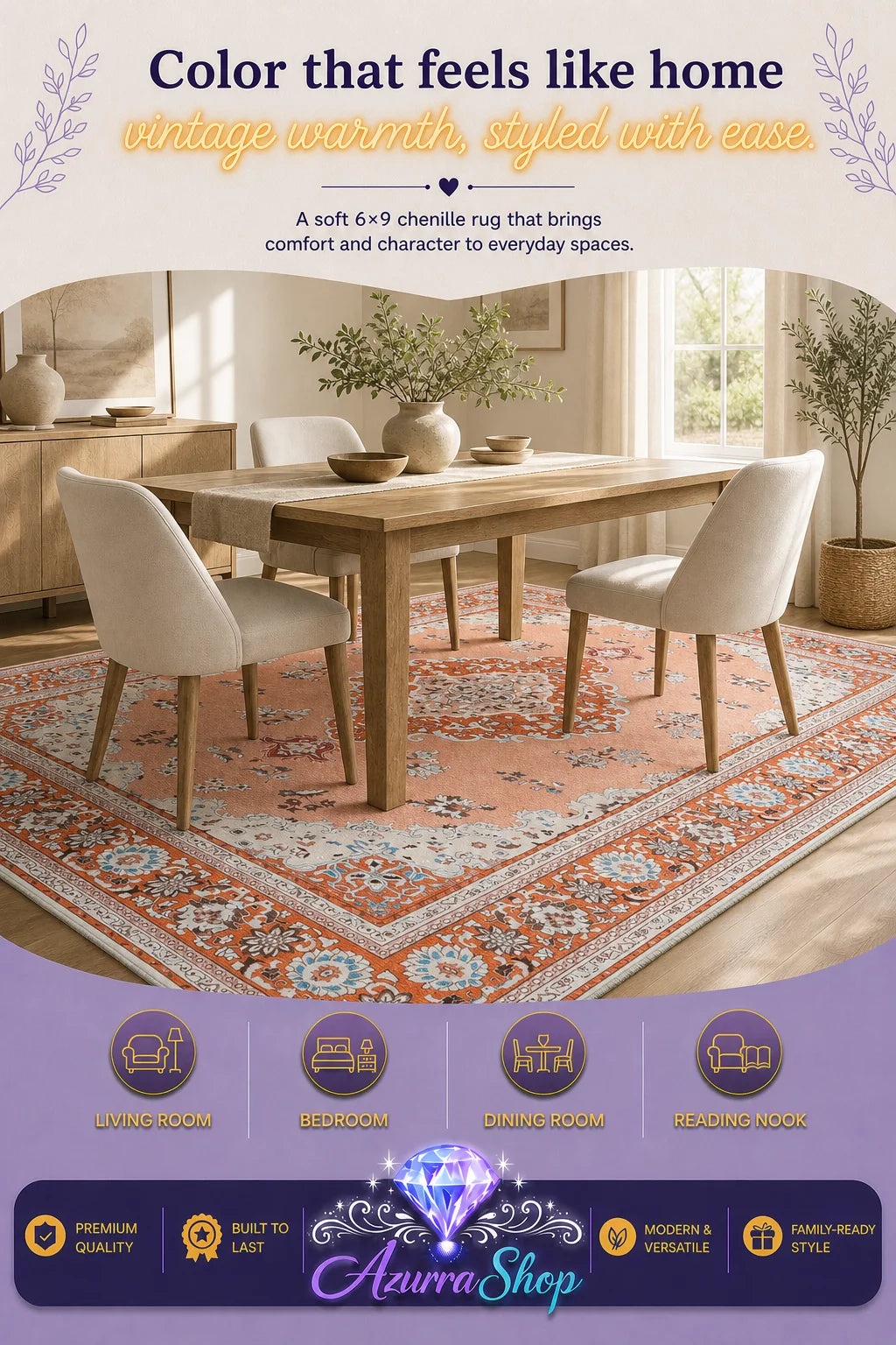 Orange and beige chenille area rug in a dining room with a wood table and cream chairs.