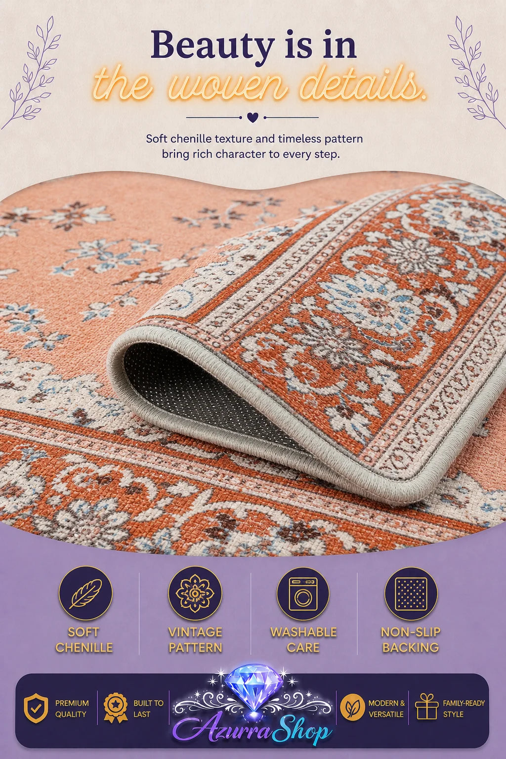 Close-up of a folded terracotta orange and beige chenille rug showing its pile texture and dark gray backing.
