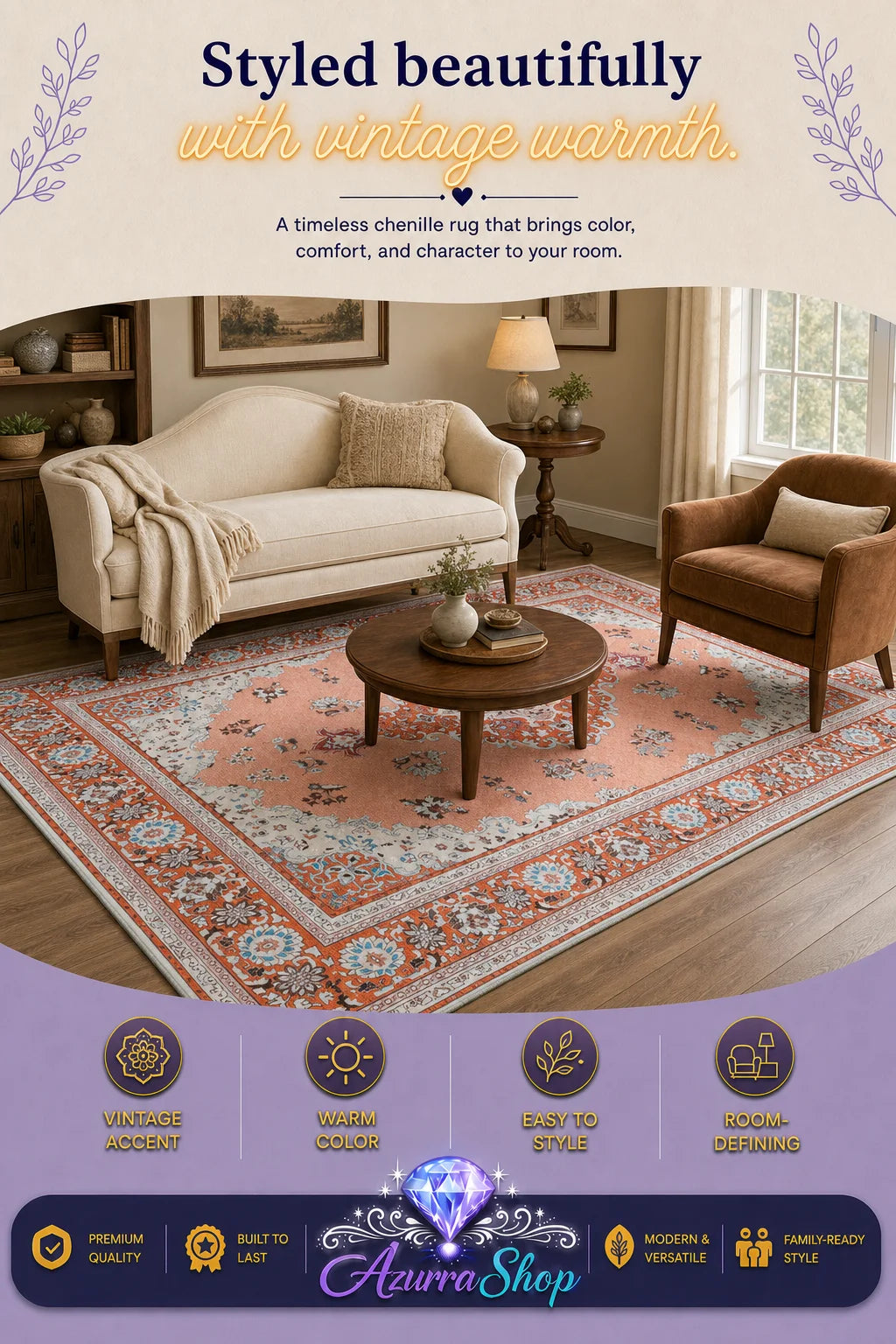 Rust and beige chenille area rug styled in a living room with a cream sofa and round coffee table.