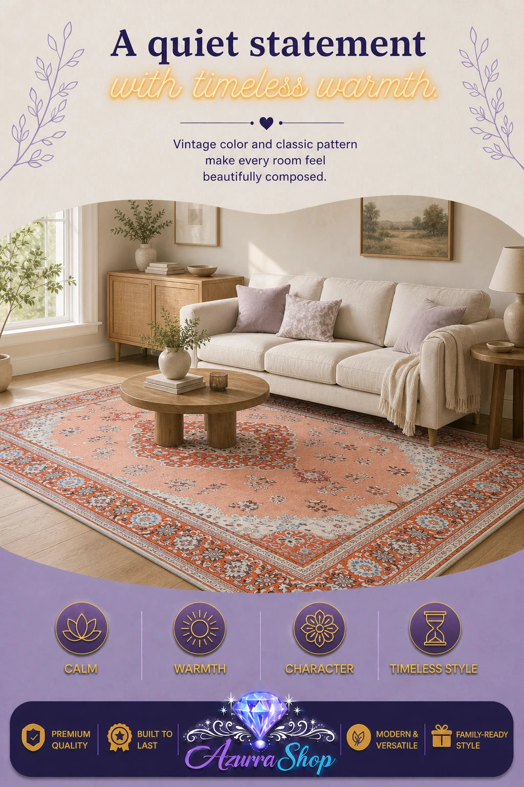 Terracotta and beige chenille area rug in a bright living room with a cream sofa and armchair.
