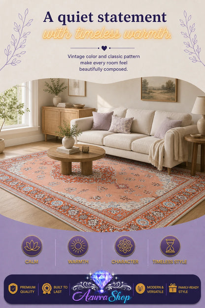 Terracotta and beige chenille area rug in a bright living room with a cream sofa and armchair.