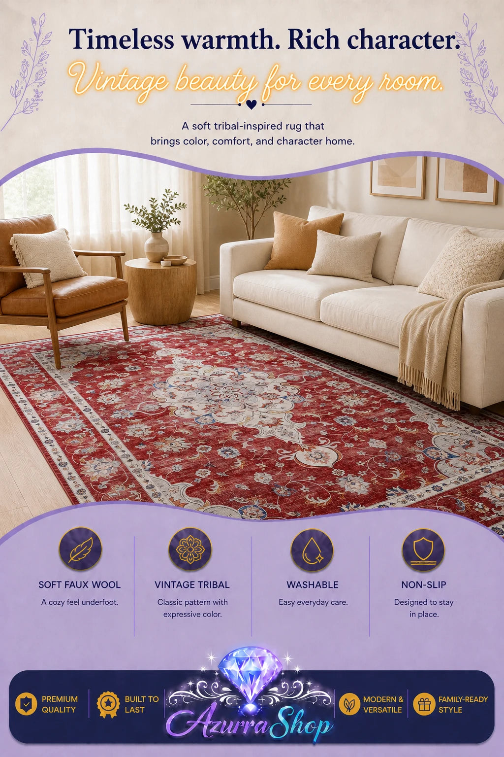 Red and beige tribal-pattern area rug in a living room with a cream sofa and armchair.