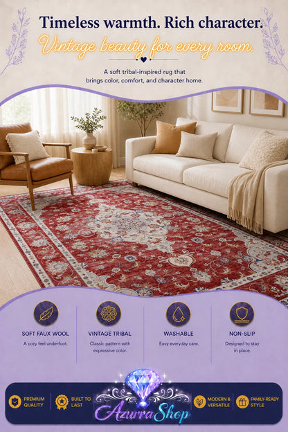 Red and beige tribal-pattern area rug in a living room with a cream sofa and armchair.