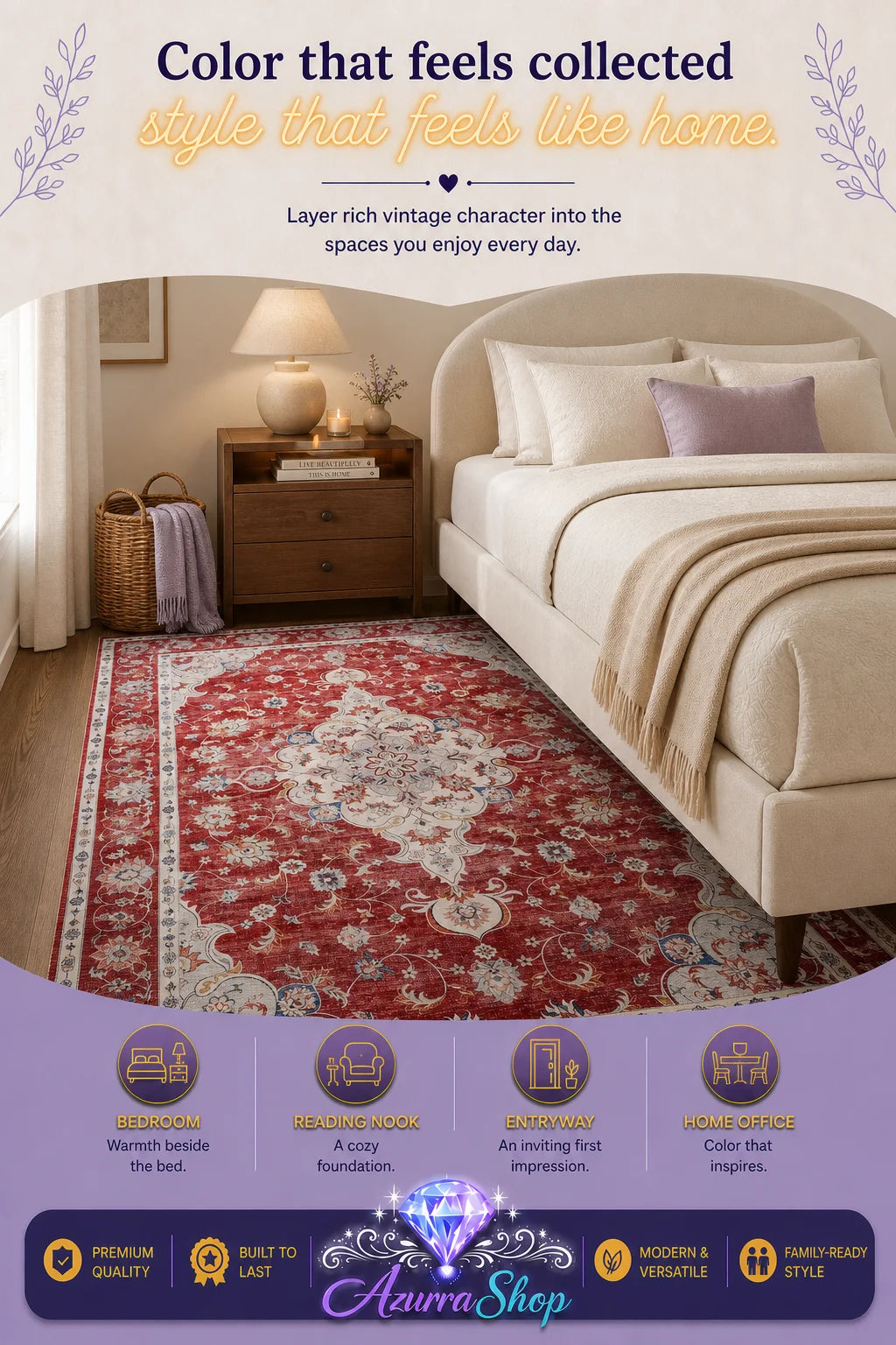Red and beige tribal-pattern area rug in a bedroom with a bed, nightstand, and lamp.