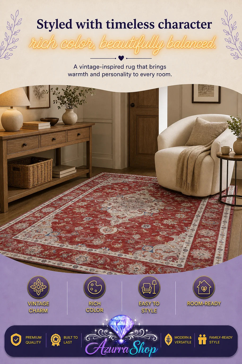 Red and beige tribal-pattern area rug styled in a living room with a wooden console table and armchair.